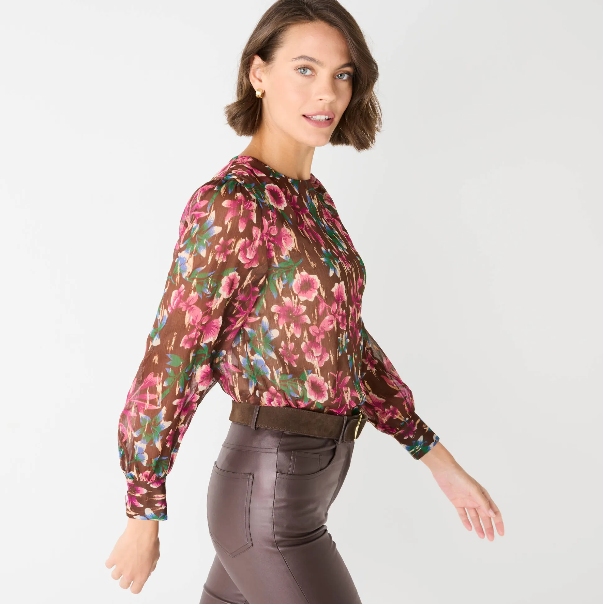 Bloes met lange mouwen, bloemen- en goudkleurige print