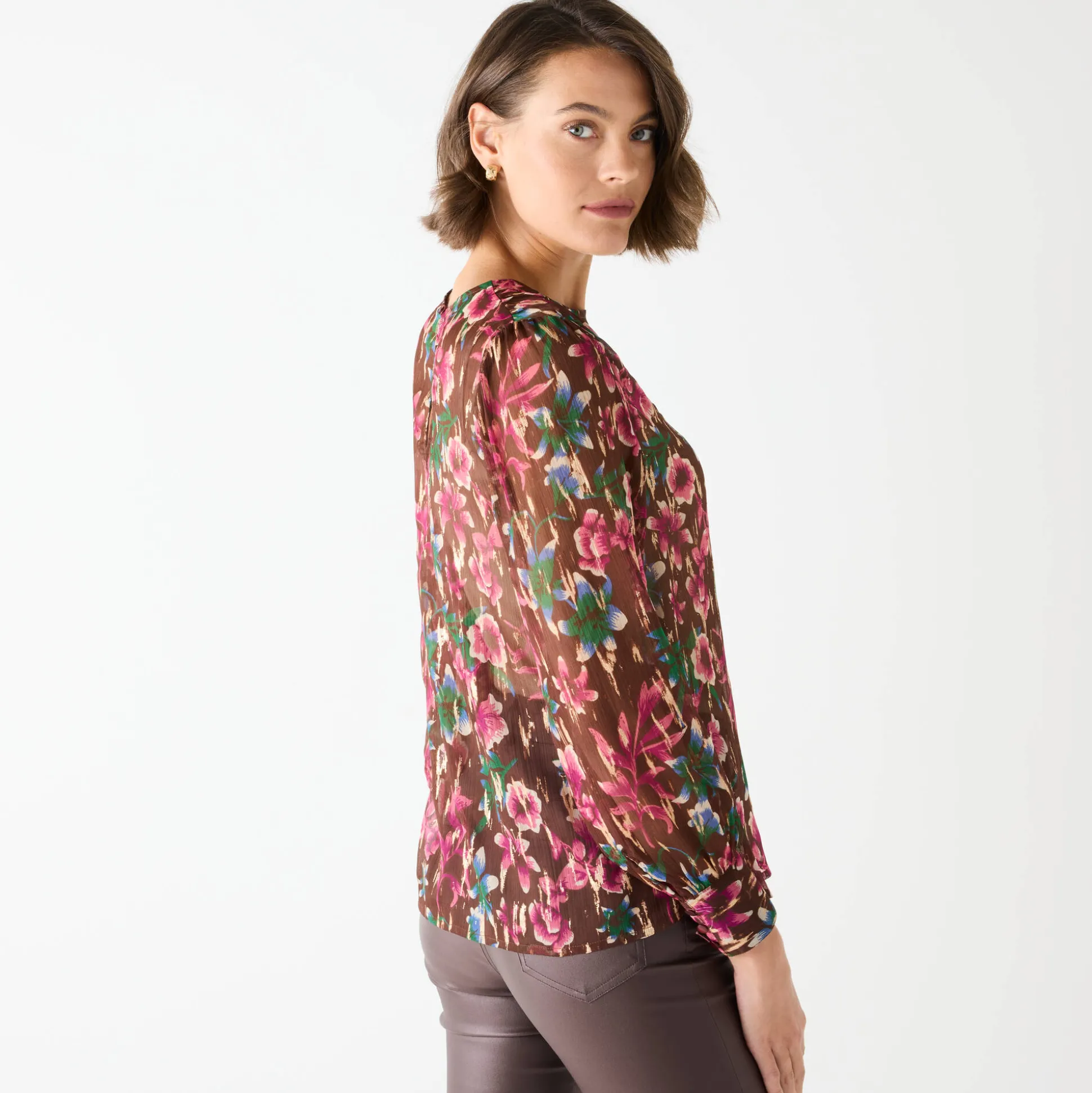 Bloes met lange mouwen, bloemen- en goudkleurige print