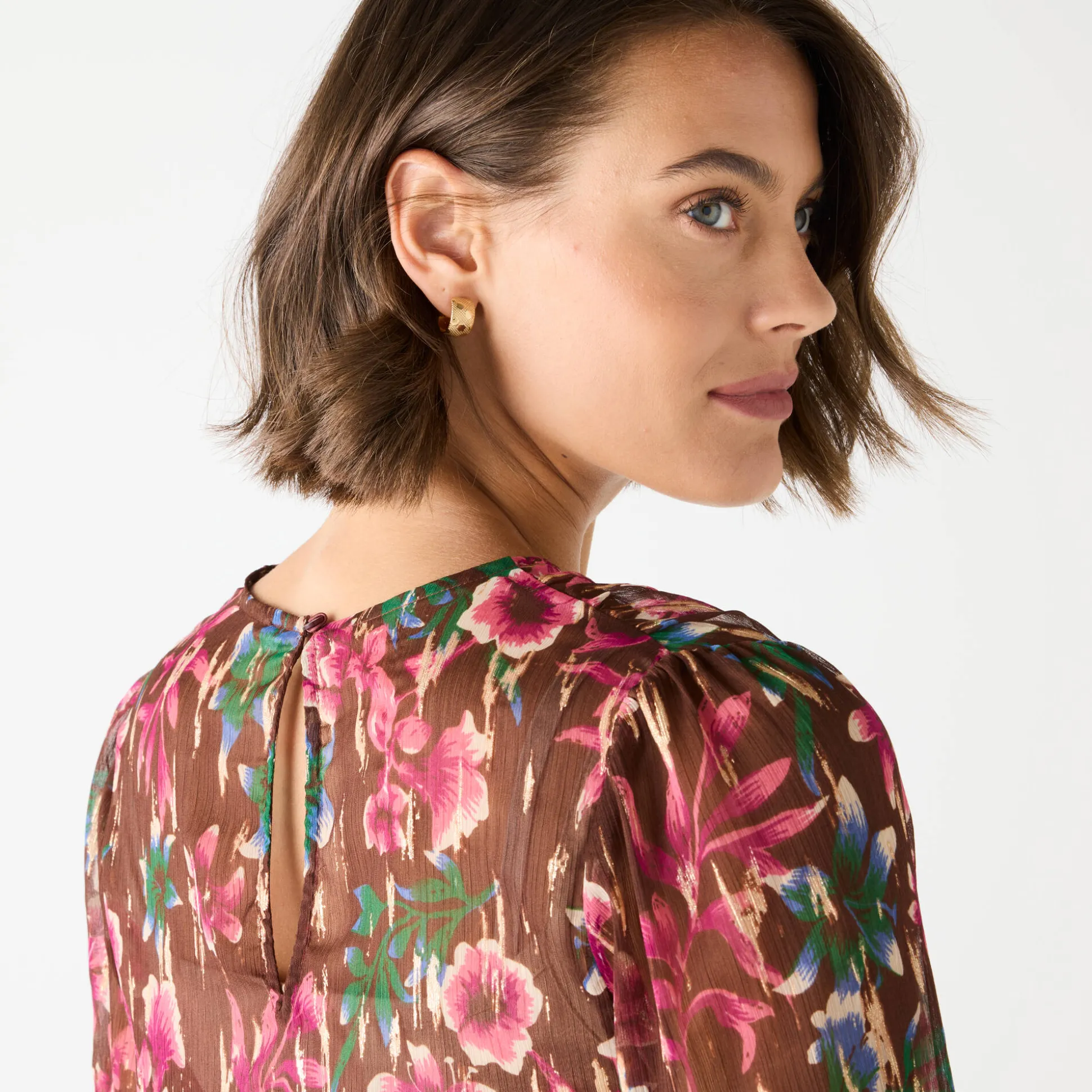 Bloes met lange mouwen, bloemen- en goudkleurige print
