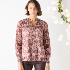 Bloes met plissé en bloemenprint, in voile