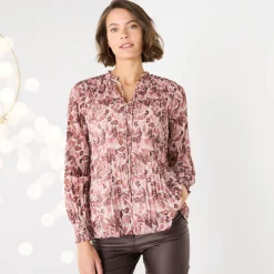 Bloes met plissé en bloemenprint, in voile