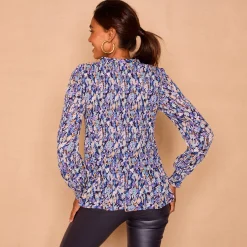 Bloes met plissé en bloemenprint, in voile