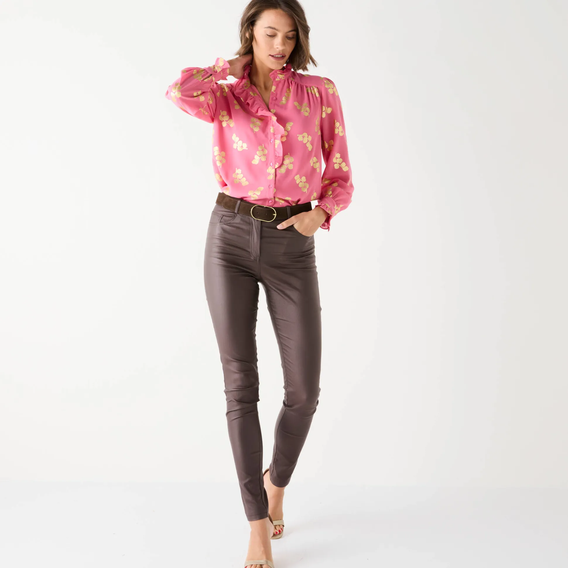 Bloes met strook, voile met gouden print