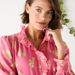 Bloes met strook, voile met gouden print