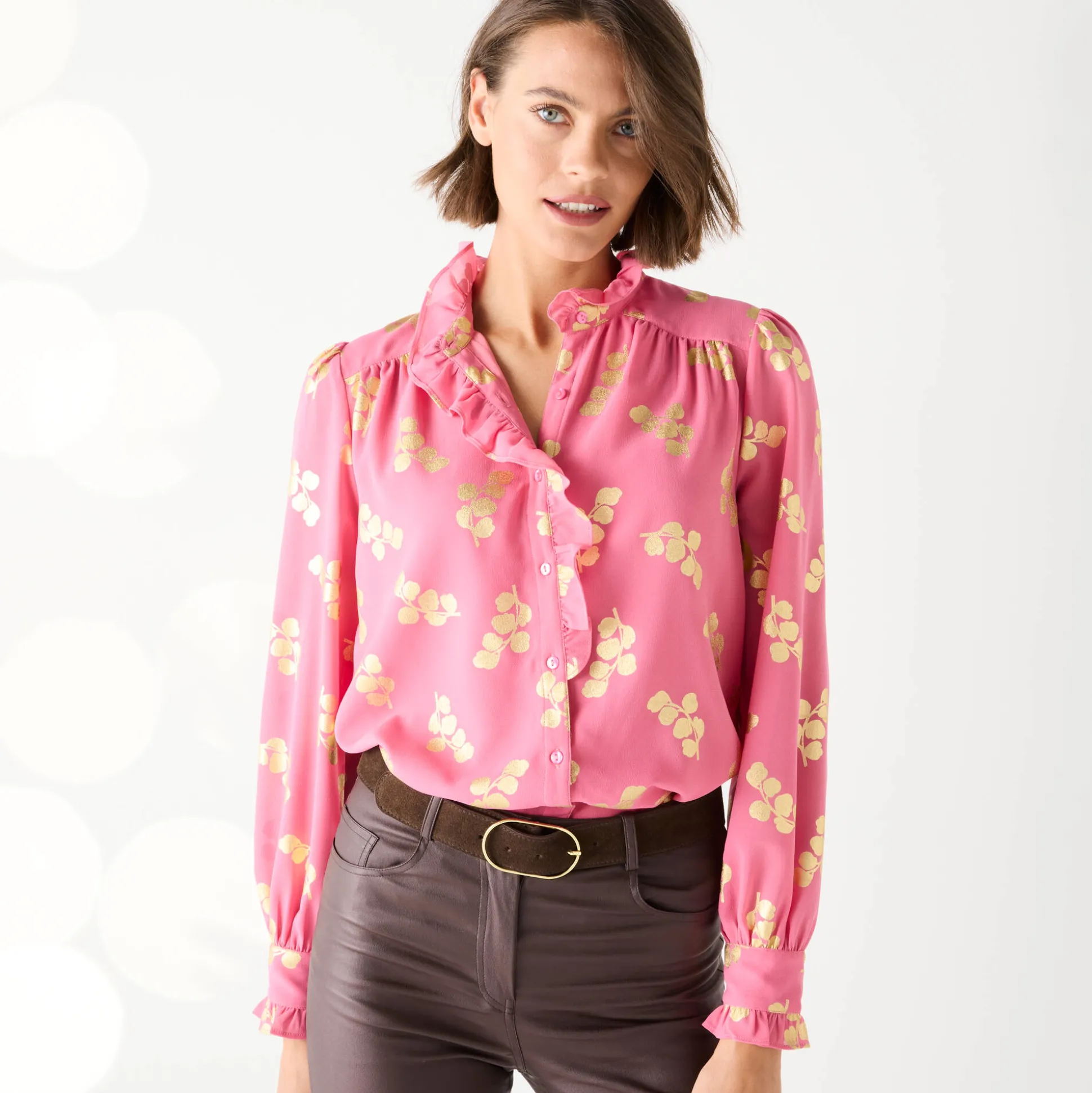 Bloes met strook, voile met gouden print