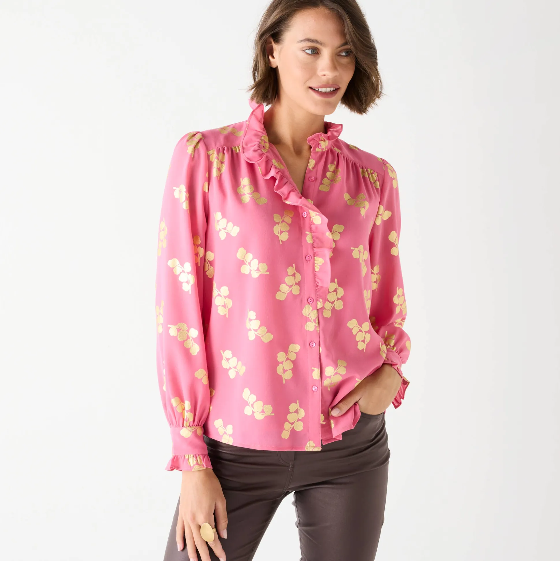 Bloes met strook, voile met gouden print