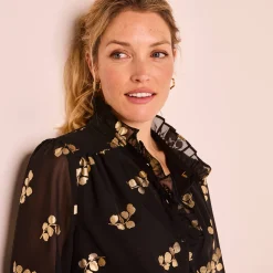 Bloes met strook, voile met gouden print