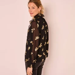 Bloes met strook, voile met gouden print
