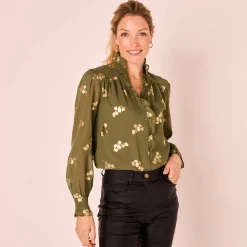 Bloes met strook, voile met gouden print