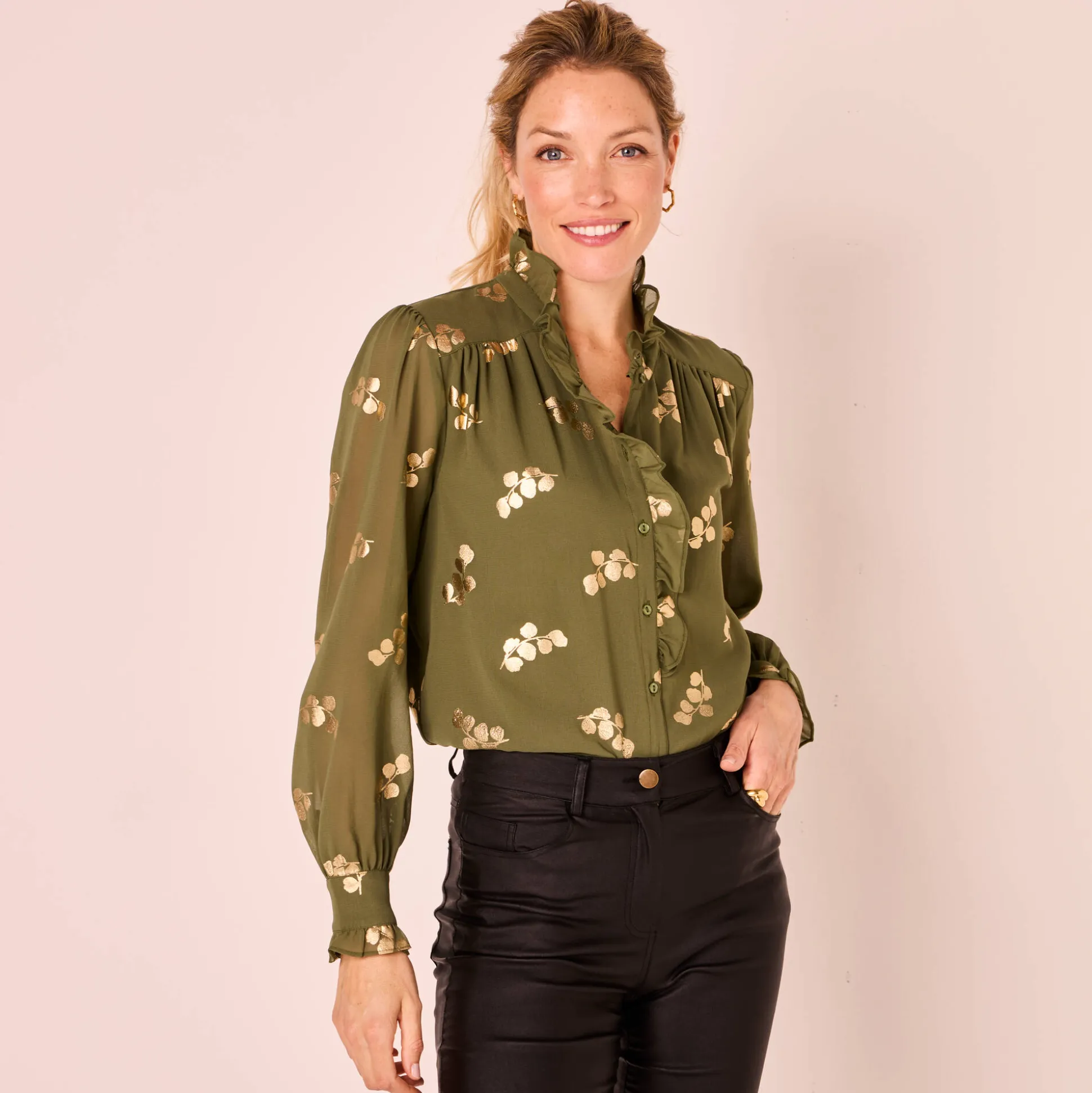 Bloes met strook, voile met gouden print