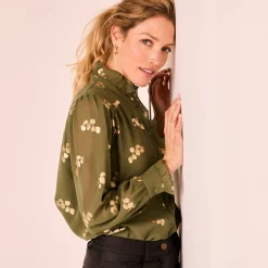 Bloes met strook, voile met gouden print