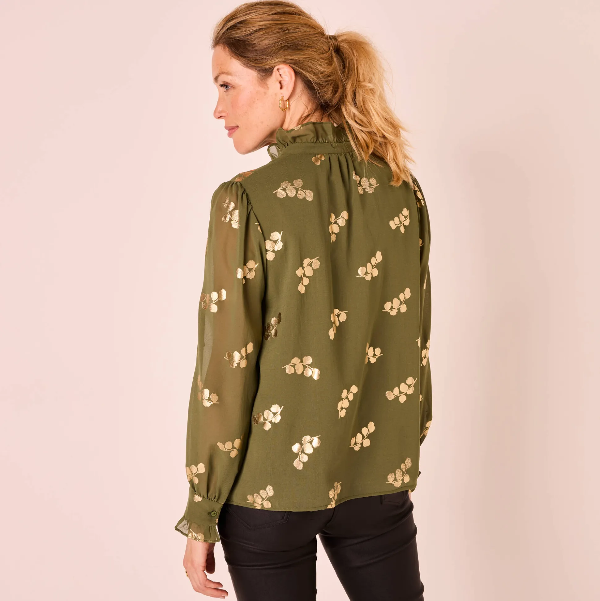 Bloes met strook, voile met gouden print