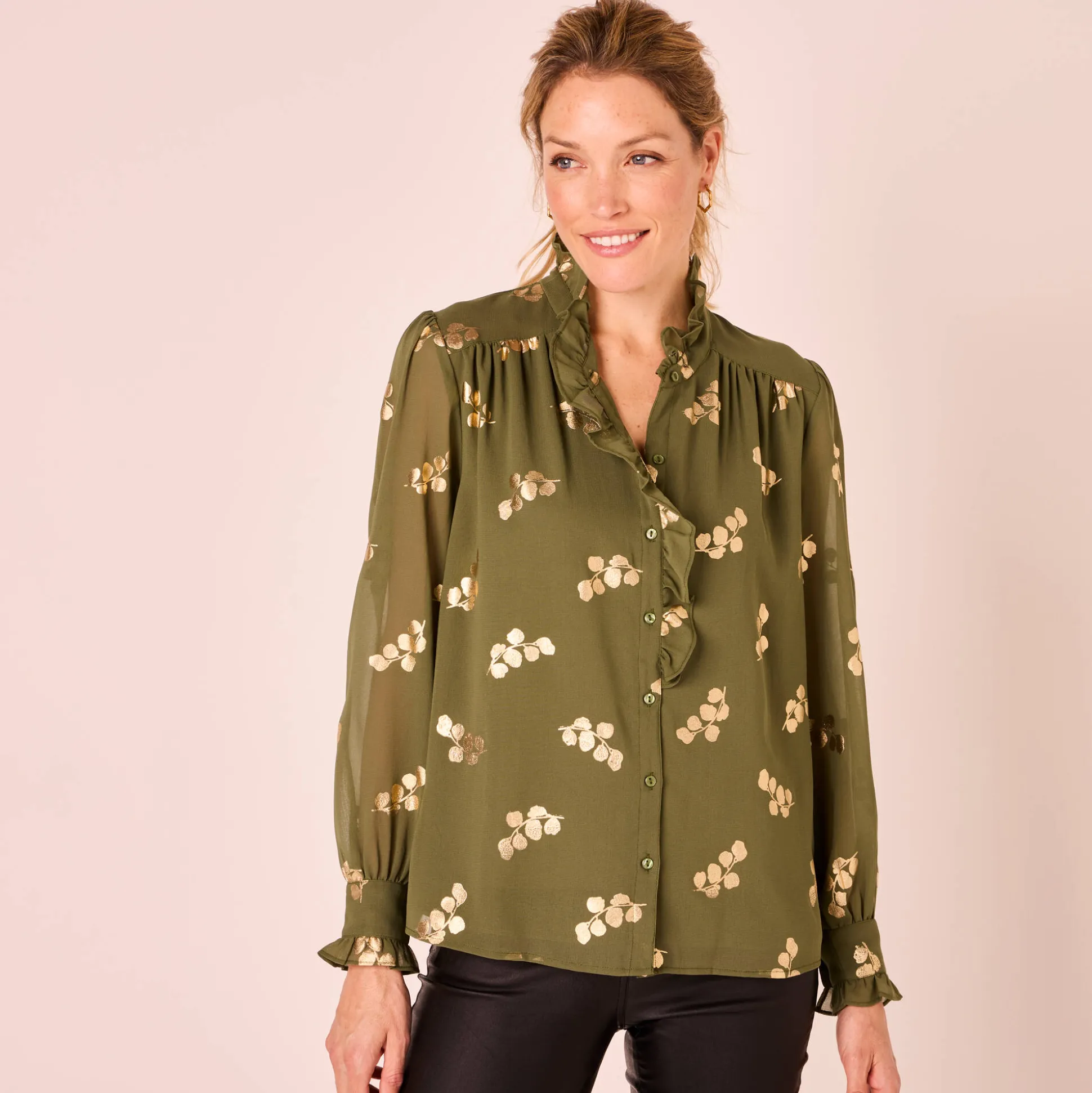 Bloes met strook, voile met gouden print