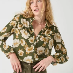 Bloes met strookjes en bloemenprint, crepon