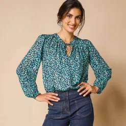 Bloes met Tunesische hals en dierenhuidprint, lange mouwen
