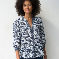 Bloes met Tunesische hals en 3/4-mouwen, tweekleurige print