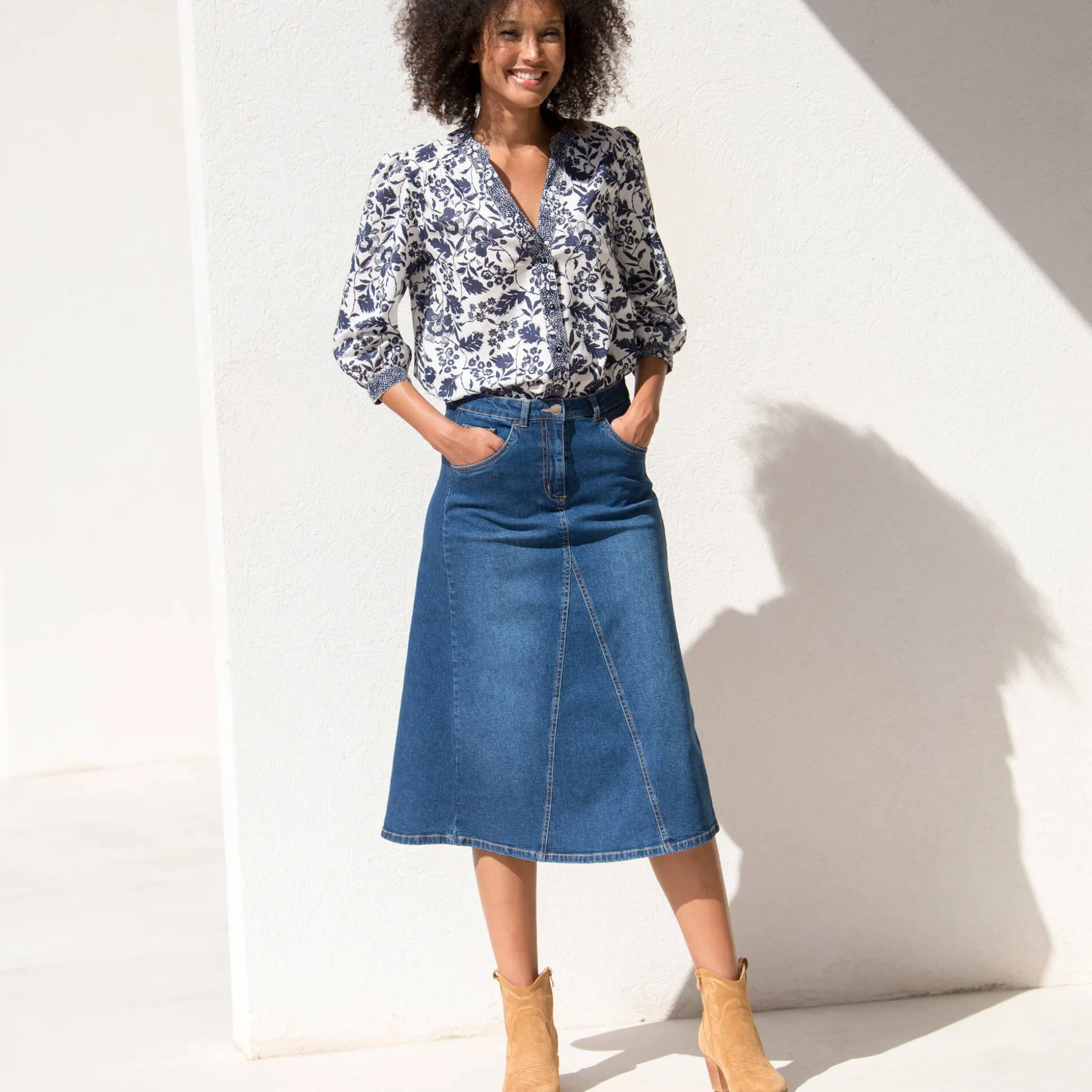 Bloes met Tunesische hals en 3/4-mouwen, tweekleurige print