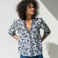 Bloes met Tunesische hals en 3/4-mouwen, tweekleurige print