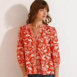 Bloes met Tunesische hals en 3/4-mouwen, tweekleurige print