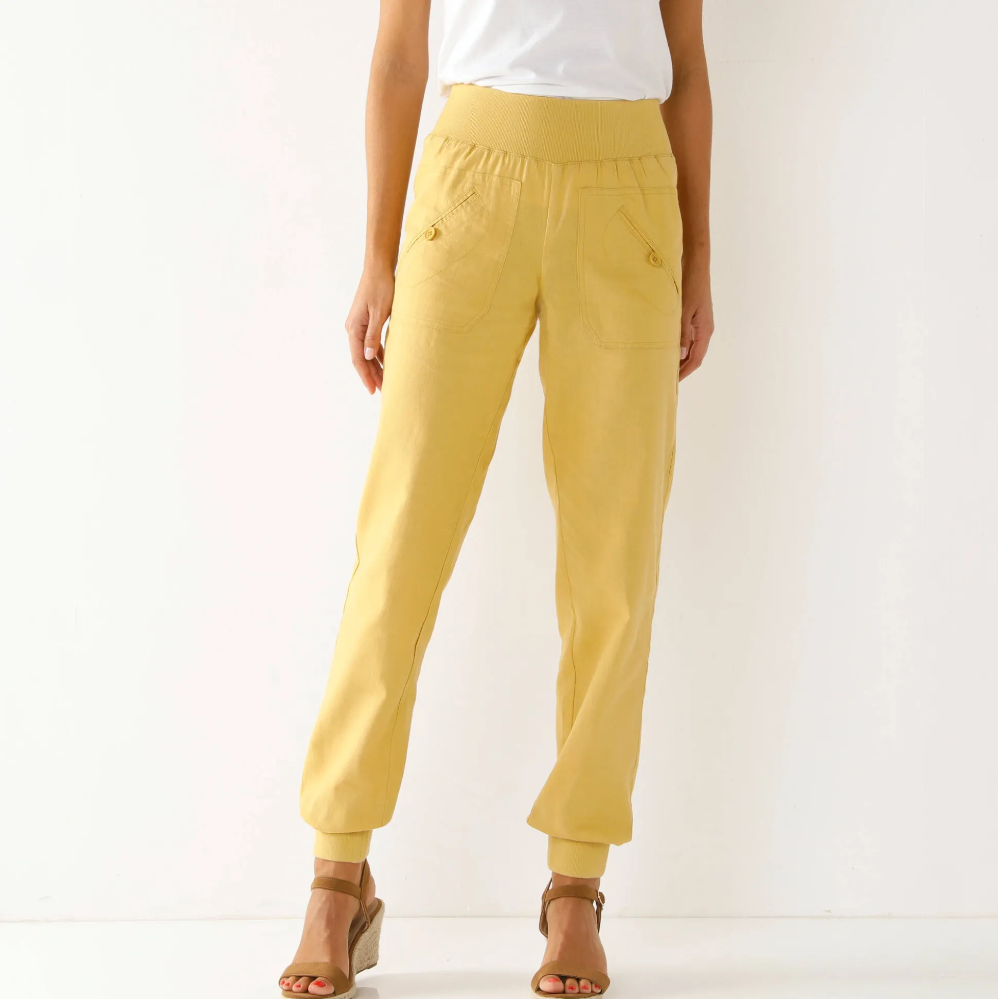 Bloezende broek met elastische taille, linnen-katoen