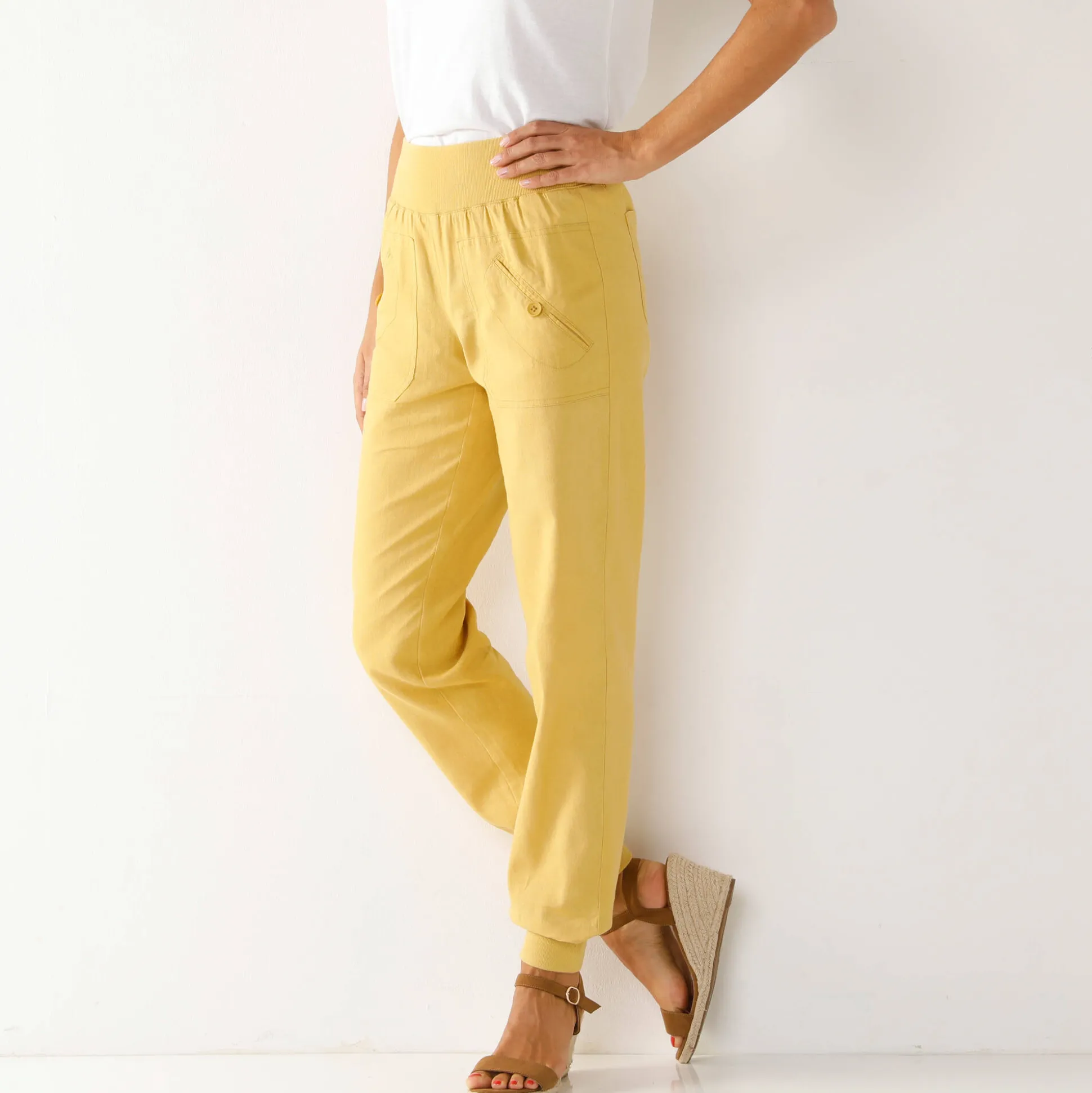 Bloezende broek met elastische taille, linnen-katoen