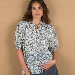Blouse imprimée manches coudes, crépon