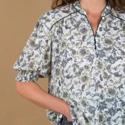 Blouse imprimée manches coudes, crépon