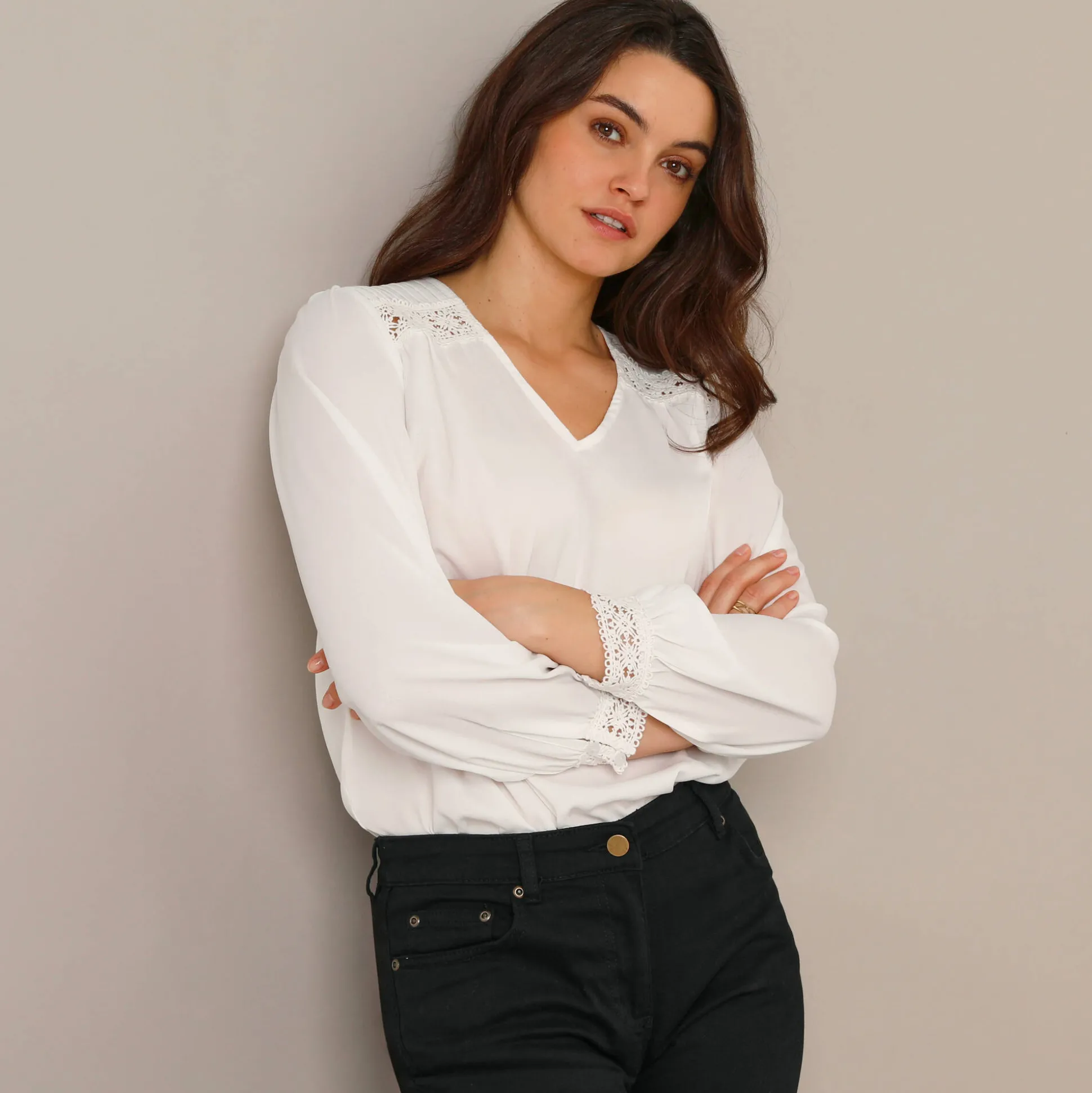 Blouse met kanten details, crêpe
