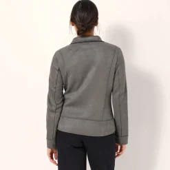 Blouson in suèdine met rits en reverskraag met drukknoopsluiting