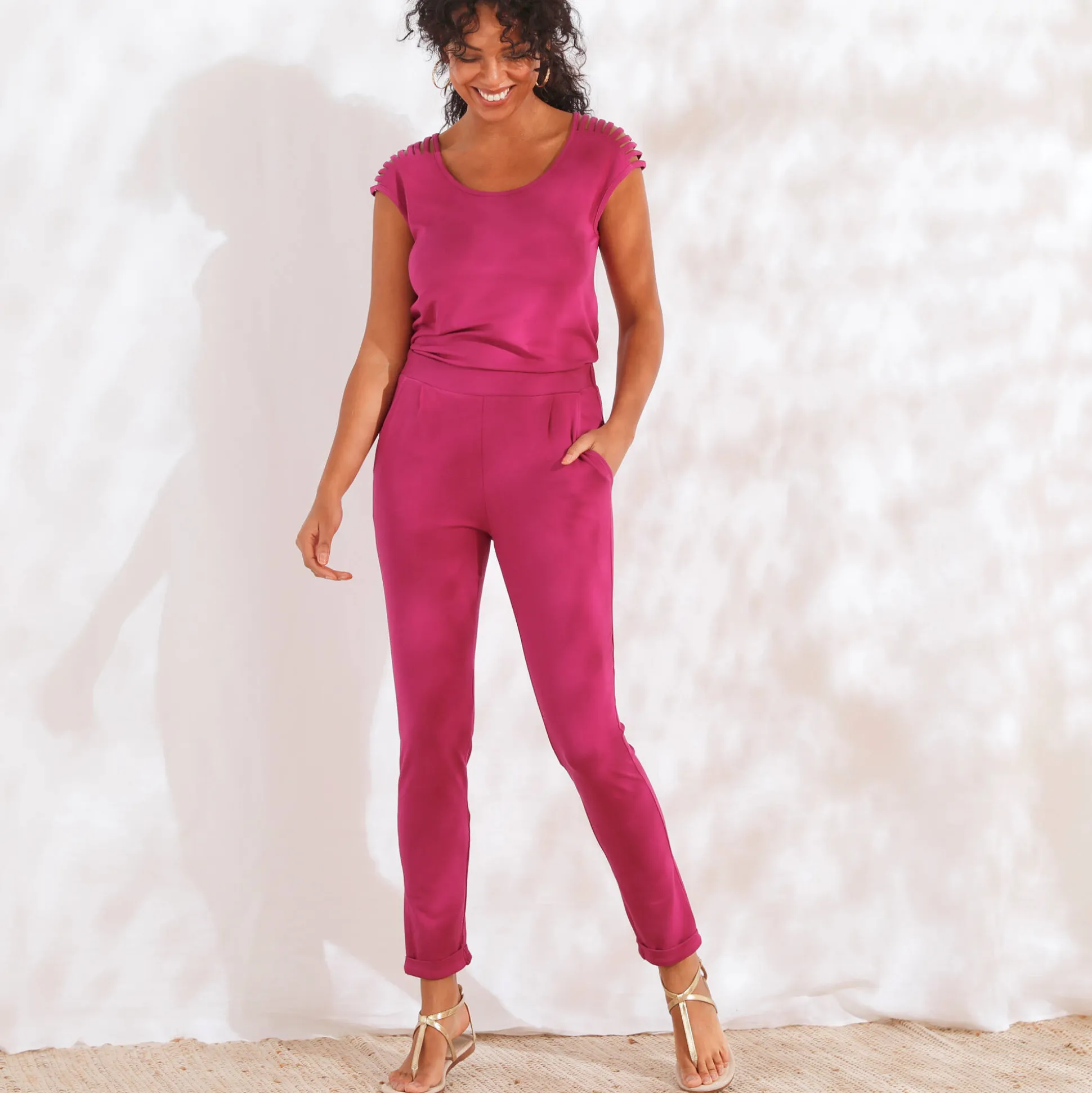 Broek in effen, soepel tricot met elastische taille