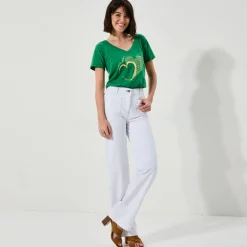Broek in twill, ruim model met hoge taille, grote lengte