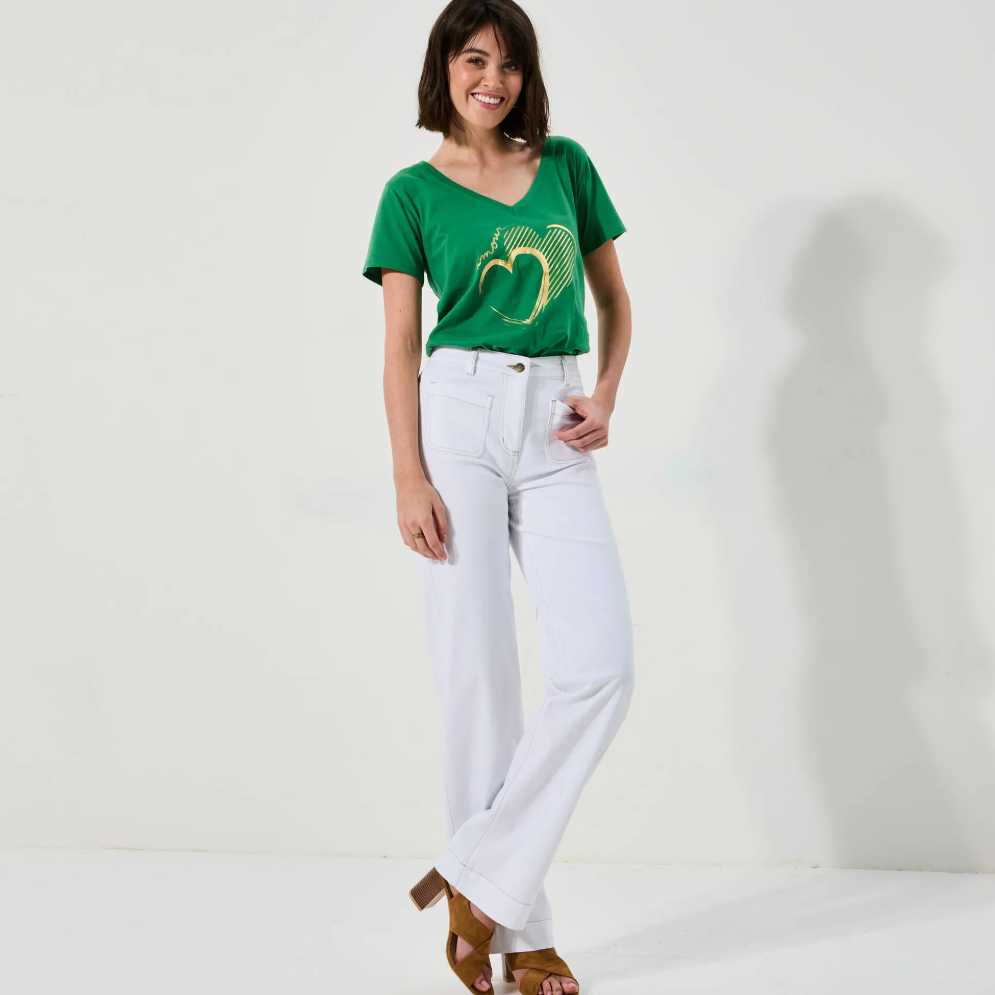 Broek in twill, ruim model met hoge taille, grote lengte