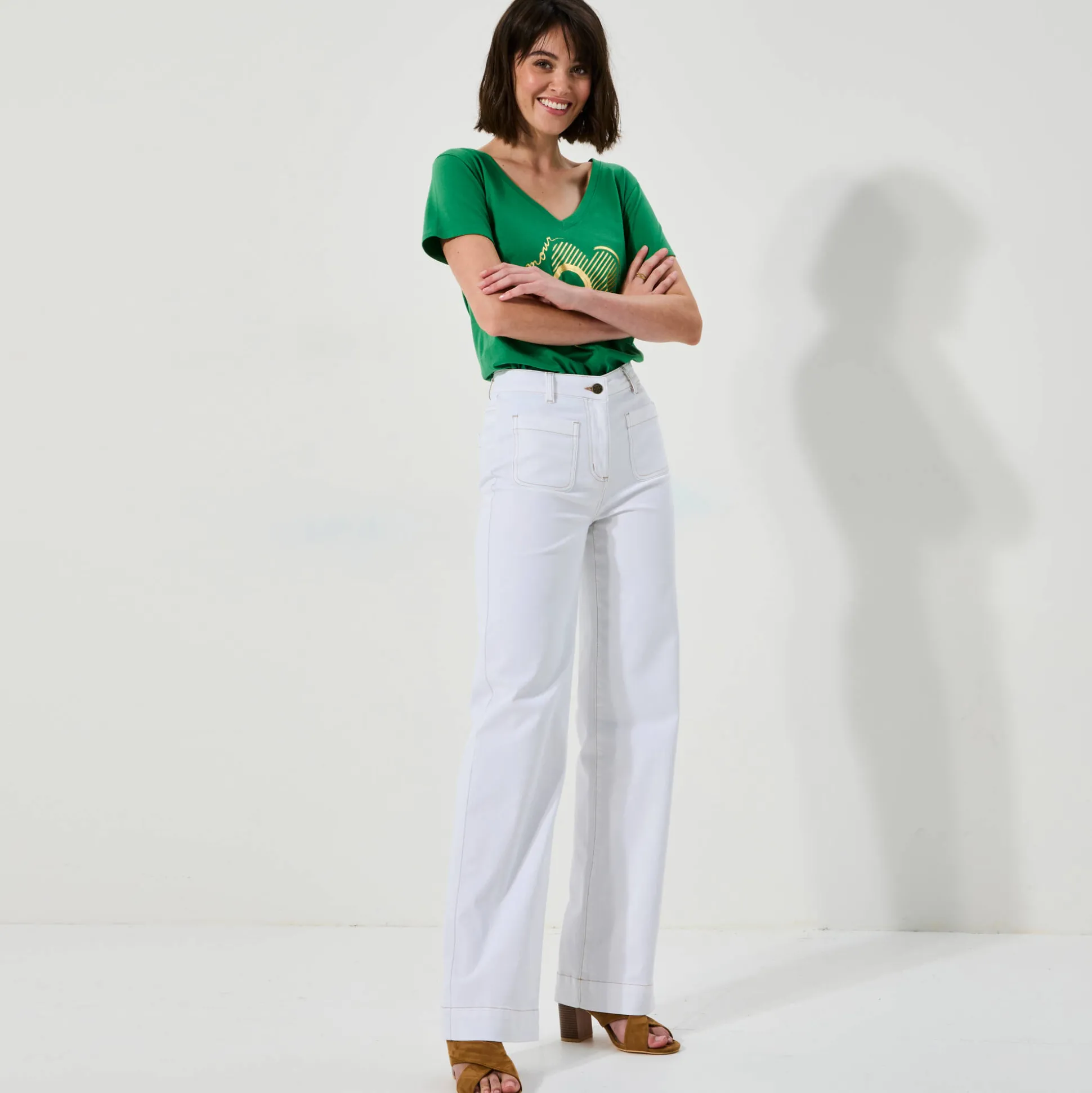 Broek in twill, ruim model met hoge taille, grote lengte