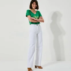 Broek in twill, ruim model met hoge taille, middelmatige lengte
