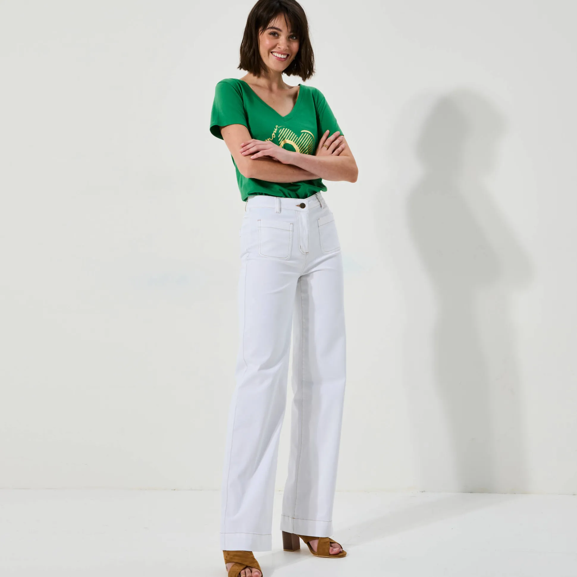 Broek in twill, ruim model met hoge taille, middelmatige lengte