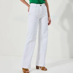 Broek in twill, ruim model met hoge taille, middelmatige lengte