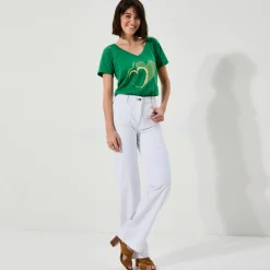 Broek in twill, ruim model met hoge taille, middelmatige lengte