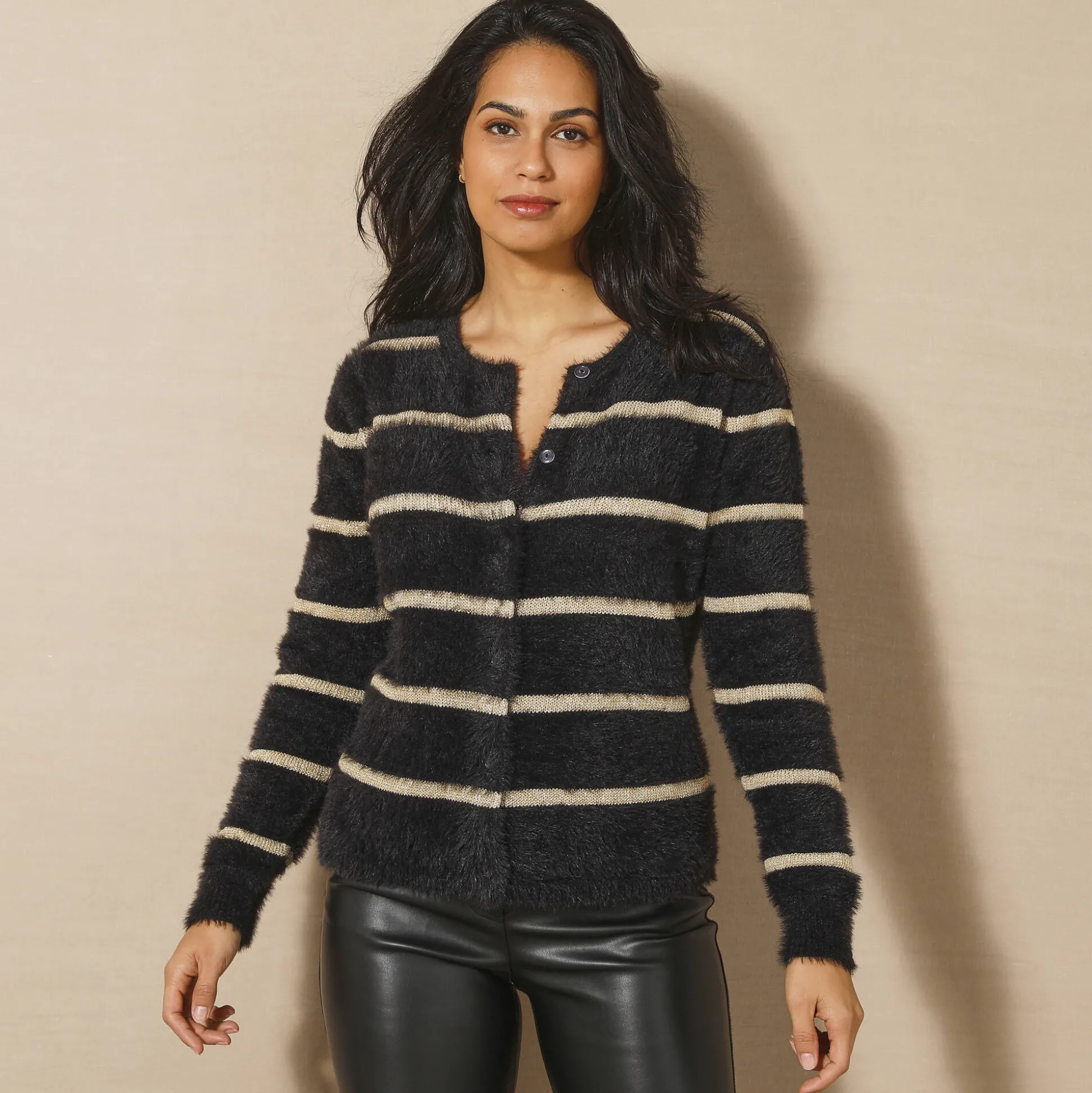 Cardigan met goudkleurige strepen, harig tricot
