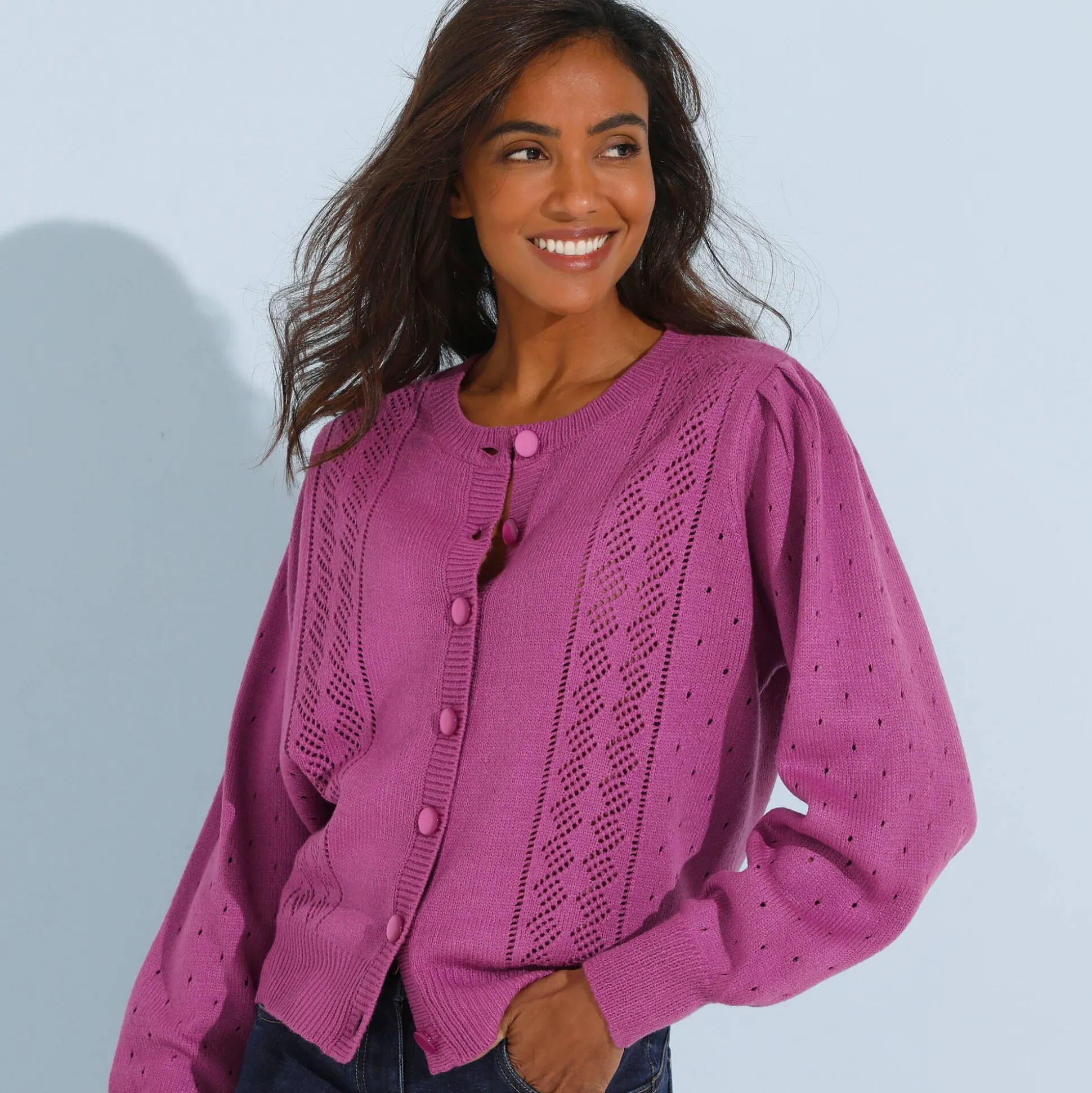 Cardigan met knoopsluiting, ajourtricot