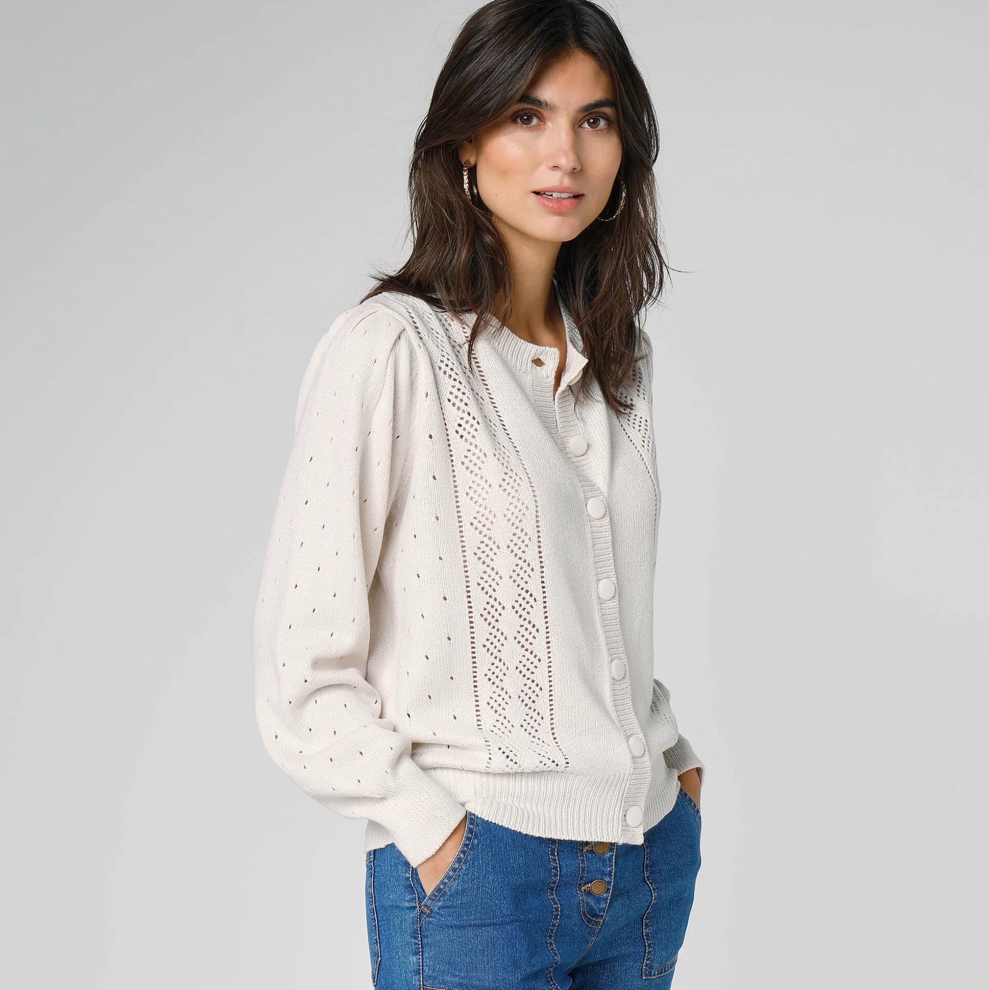 Cardigan met knoopsluiting, ajourtricot