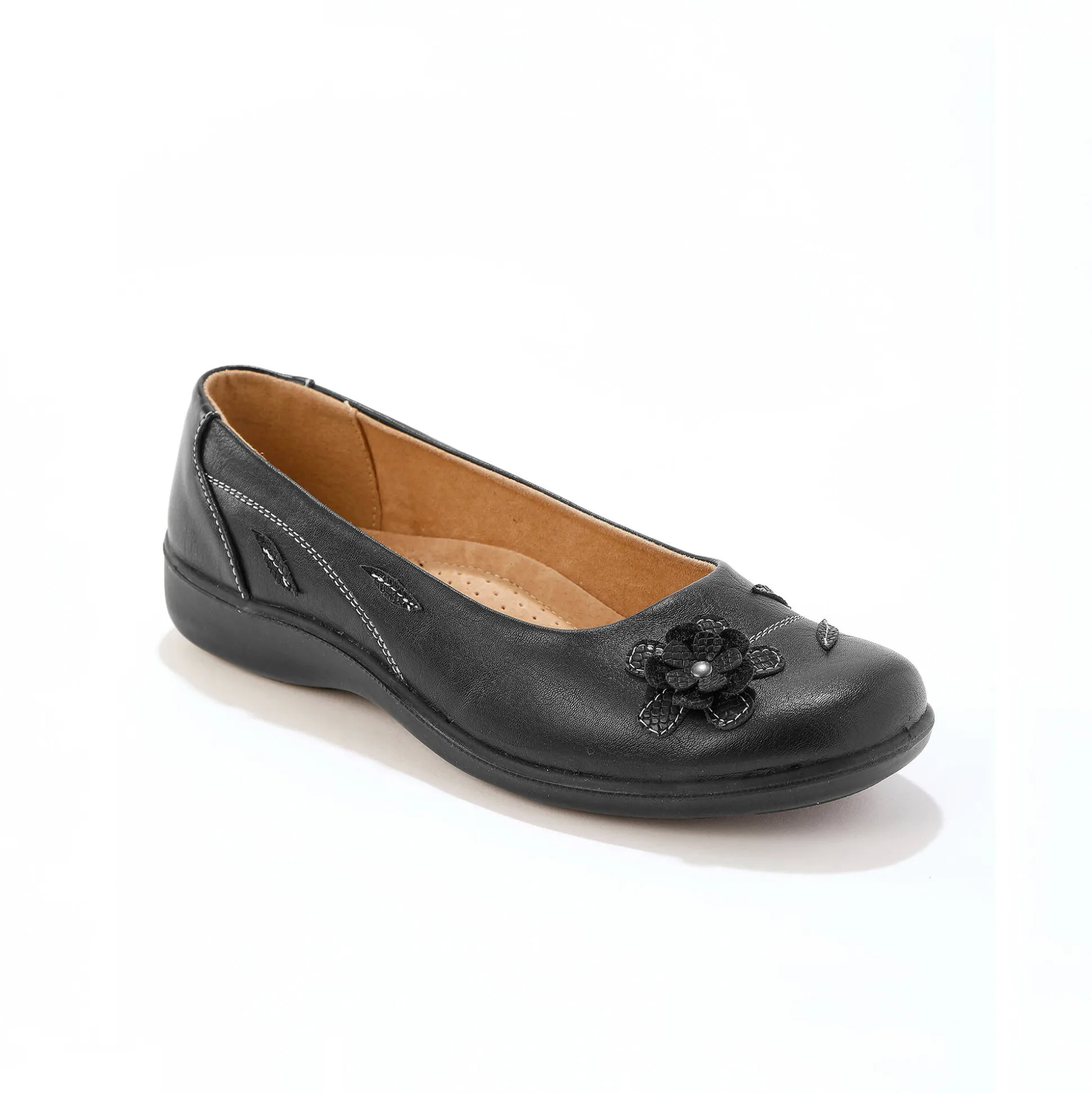 Comfortabele brede leren ballerina's met bloemapplicatie