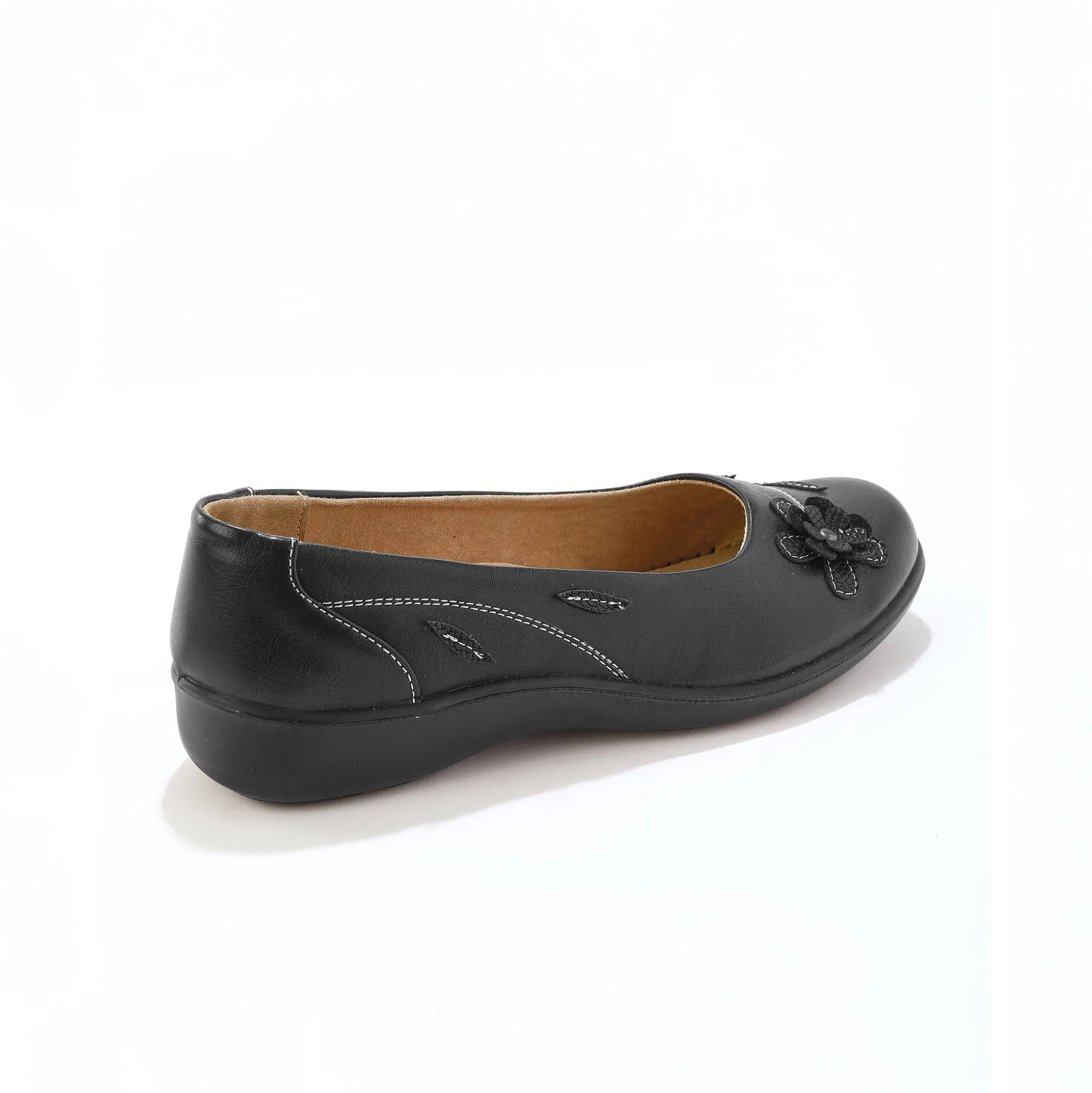 Comfortabele brede leren ballerina's met bloemapplicatie
