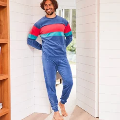 Driekleurige pyjama in velours, lange mouwen