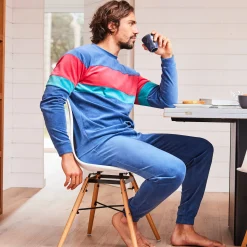 Driekleurige pyjama in velours, lange mouwen