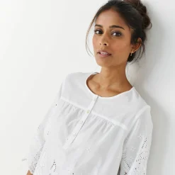 Effen bloes met 3/4-mouwen, broderie anglaise