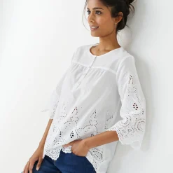 Effen bloes met 3/4-mouwen, broderie anglaise