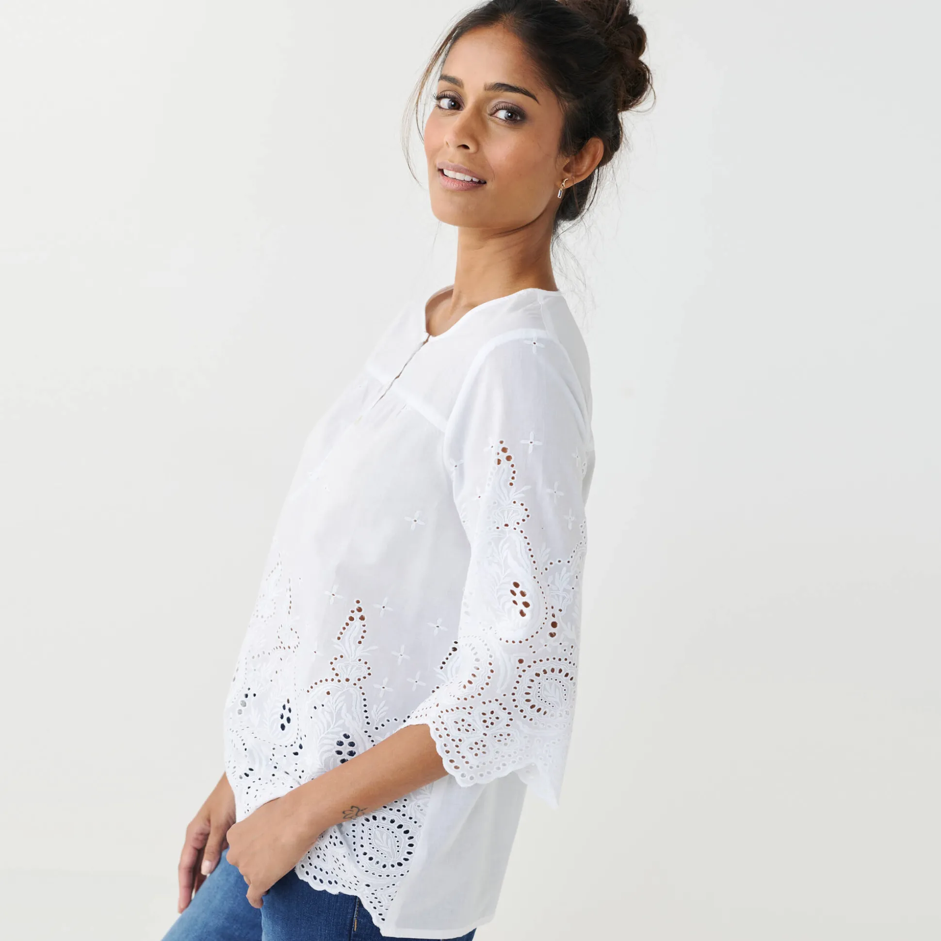 Effen bloes met 3/4-mouwen, broderie anglaise