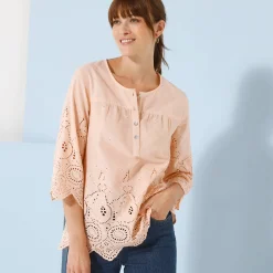 Effen bloes met 3/4-mouwen, broderie anglaise