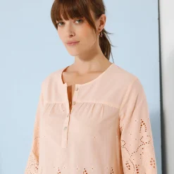 Effen bloes met 3/4-mouwen, broderie anglaise