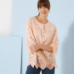 Effen bloes met 3/4-mouwen, broderie anglaise